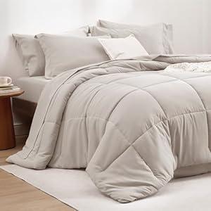 Bedsure Beige Comforter Set King - 7 Pieces Solid Bed in a Bag, King Bed Set with Comforter, Sheets, Pillowcases & Shams