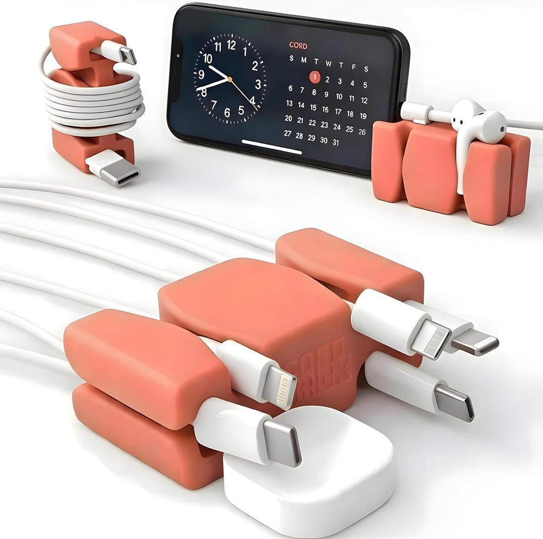 4 x CordBrick Steel Weighted Cord Holder Wrap Phone Accessory Stocking Stuffer for Men Adults College Students. Nightstand Desk Travel Organizer. Silicone. 2pk Coral