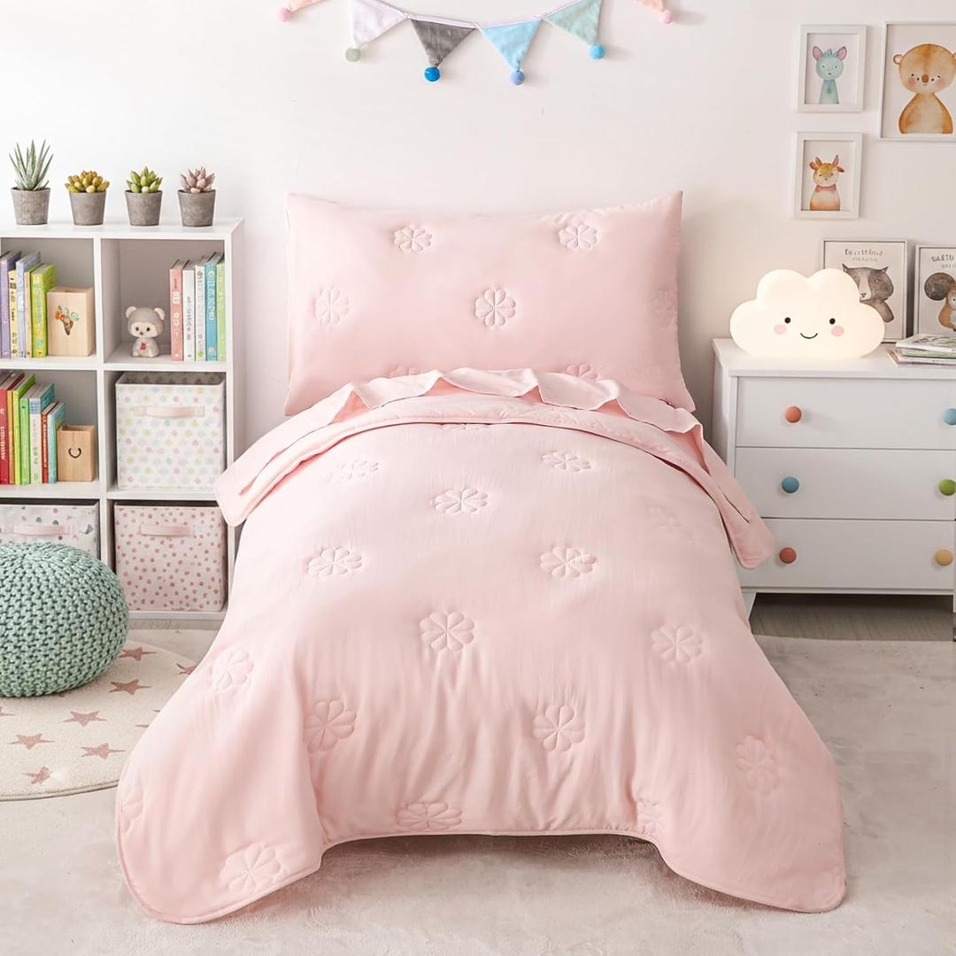 Pink Toddler Bedding Sets for Girls, 4 Pieces Floral Embroidery Toddler Bed-in-a-Bag Includes Soft Comforter, Flat Sheet, Fitted Sheet and Envelope Pillowcase