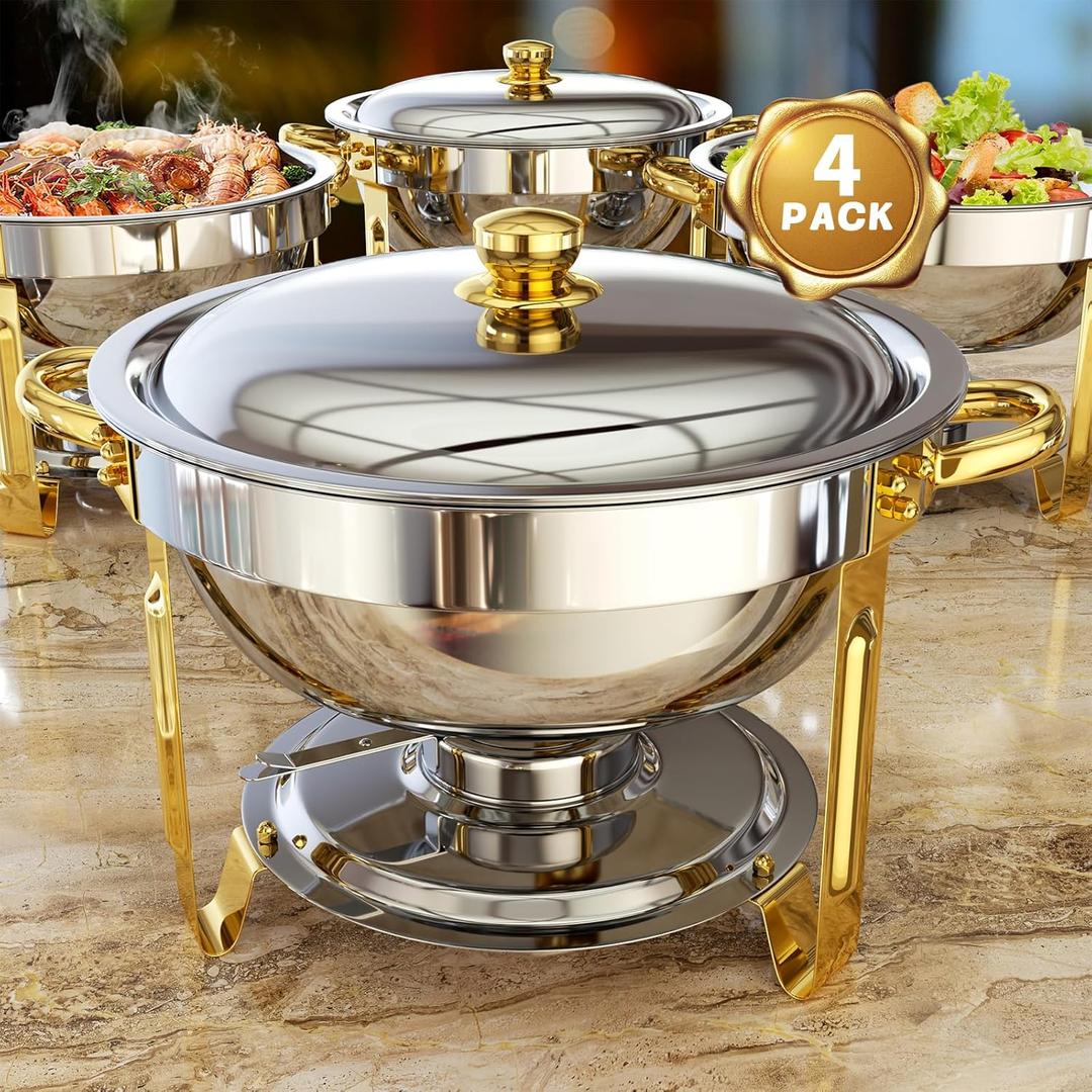 Chafing Dishes for Buffet 4 Pack, 5QT Round Chafing Dish Buffet Set [Elegant Gold and Silver Colors] Stainless Steel Buffet Food Warmers Sets for Catering Events Parties Dinners with Complete Set