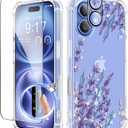 GVIEWIN for iPhone 16 Plus Case, with Screen Protector & Camera Lens Protector, Floral Shockproof Protective Bumper Slim Soft Clear Phone Cover for Women 2024 6.7" (Light Lavender/Purple)