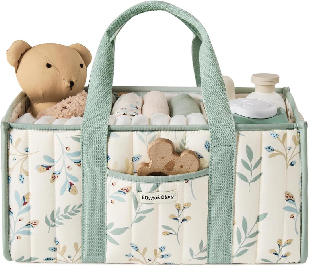 Blissful Diary Leaf Diaper Caddy Organizer, Stylish Nursery Storage Basket, Gift for Baby Shower, Newborn Essentials, Sage Leaf