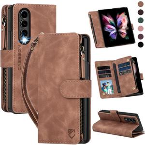 for Samsung Galaxy-Z-Fold-3 Wallet Case: with RFID Blocking Card Slots (6 Cards) & Hidden S Pen Holder | Soft PU Leather Magnetic Snap Zipper Wrist Strap Protective Phone Cover - Brown