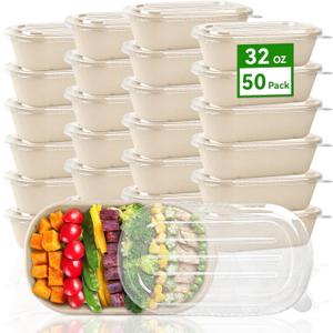 ZORRITA 50 Pack 32 oz Disposable Meal Prep Containers, Sugarcane Fiber Paper Salad Bowls with Lids Take Out Food Container for Pasta, Burrito, Leftovers
