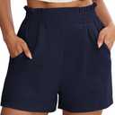 NILOINE 2025 Womens Elastic Waist Beach Shorts High Rise Athletic Shorts Pure Color Pull On Short Pants with Pockets(1-Navy,XX-Large) (Blue)