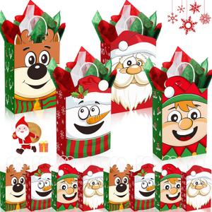 Funrous 16 Pieces Christmas Gift Bags with Tissue Papers Large Xmas Santa Claus Elf Kraft Goody Paper Bags with Handles Christmas Snowman Reindeer Gift Treat Set for Xmas Holiday Party Supplies