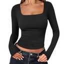 ANRABESS Women Double Lined Long Sleeve Crop Tops Shirts Square Neck Tight Fitted Going Out T-Shirt Basic Tee Outfits 2025 Black XS