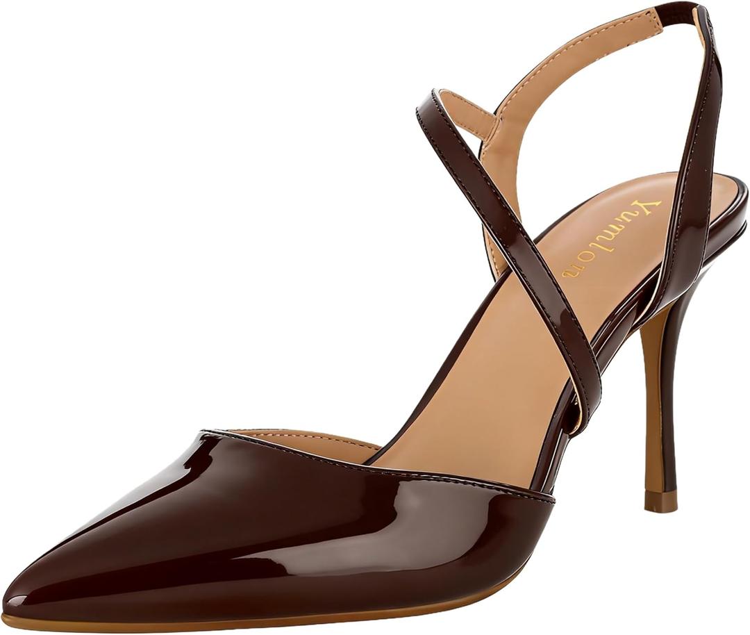 Closed Toe Slingback Heels Wedding High Stiletto Heel for Women 3.3 Inch Ankle Strap Pointed Toe Pumps Prom Dress Bride Shoes for Dinner Party Sexy (7.5, Brown Patent)