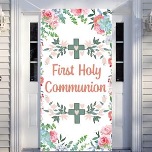 Pink First Holy Communion Door Cover Decorations, Girl Christening God Bless Front Door Decor Porch Banner Sign for Baby Baptism Dedication Photo Props Door Banner Communion Party Supplies 35.4 x 70.8