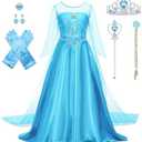 AHLPO Elsa Dress for Girls Princess Dress Up Halloween Cosplay Elsa Costume Fancy Dress Birthday Outfit with Accessories 100