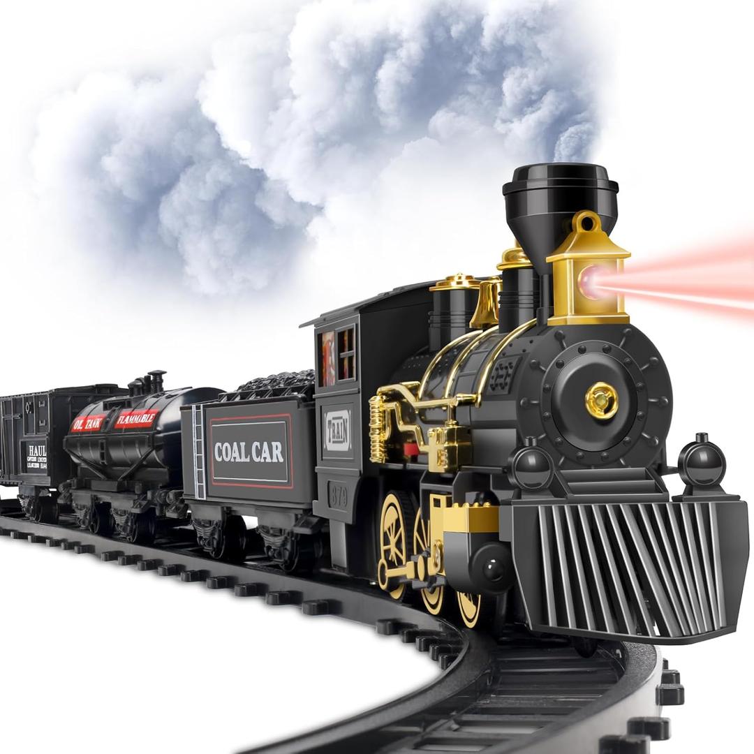 BainGesk Train Set, Christmas Train Set with Steam, Lights and Sounds, Train Sets for Around The Christmas Tree, Electric Train Toys for 3 4 5 6 7 8 Year Old Kids, Gifts for Boys & Girls Christmas