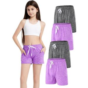 4 Pack Girls Athletic Shorts Dry-Fit Basketball Shorts with Pockets,Girls Running Shorts for Kids Gym Soccer (S)