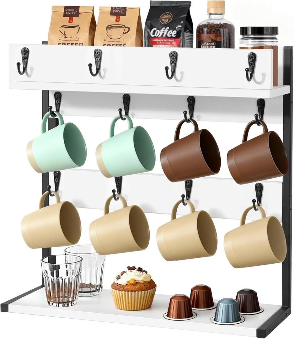 KVTUKIAIT Coffee Mug Rack Holder Wall Mount – 2 Tier Mug Rack Stand with Storage Base for 12 Cups for Kitchen, Dining Room Counter Organizer, Coffee Bar Decor Accessories