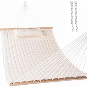 Lazy Daze Hammocks 12 FT Double Quilted Fabric Hammock with Spreader Bar and Detachable Pillow, 2 Person Hammock for Outdoor Patio Backyard Poolside, 450lbs Weight Capacity, Natural