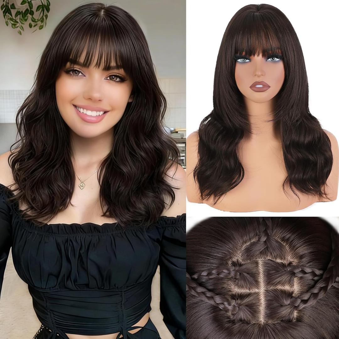 Wig with Bangs for Women Dark Brown Layered Hairstyle 4x4 Realistic Scalp Medium Length Wavy Synthetic Heat Resistant Glueless Hair Wig for Daily Party Use 18 inch