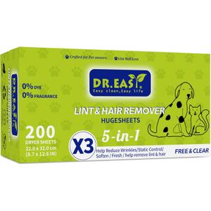Dr.Easy LINT & HAIR REMOVER Pet HUGESHEETS with 3X Dryer Sheets, Free & Clean, 200 Count,PLANT&MINERAL-BASED FORMULA