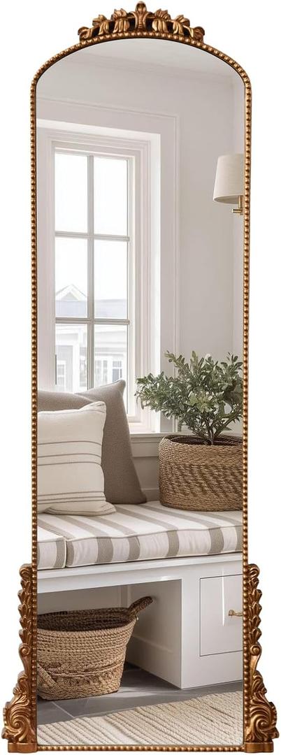 18x48Inches Gold Antique Arched Mirror Full Length Traditional Vintage Ornate Mirror Hanging Baroque Carved Full Body Wood Framed Floor Mirror for Bedroom Hallway Fireplace Decor