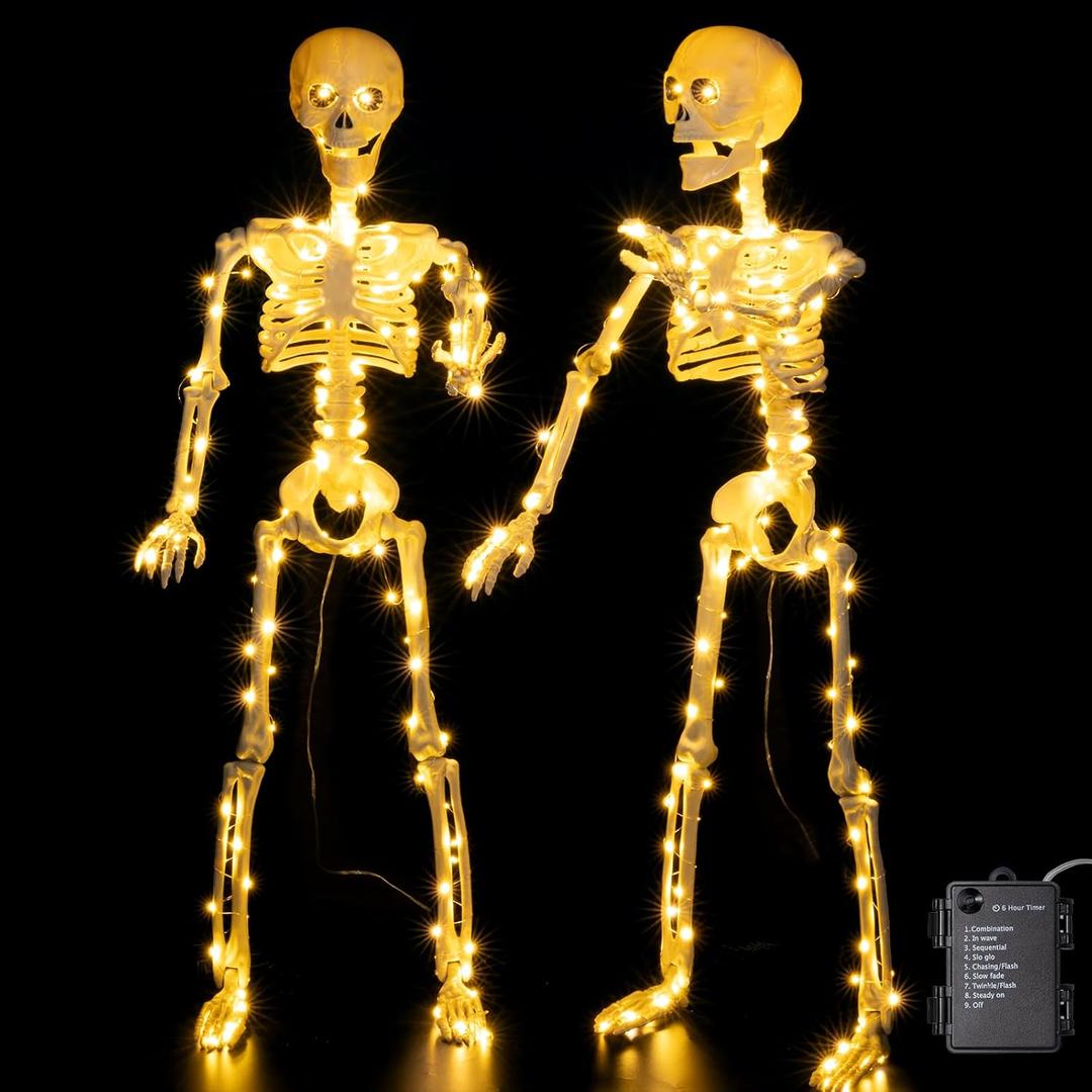 2 Pack 39.3 Inches 150 LED Light Up Skeleton Full Body, Posable & Movable Jonints Halloween Skeleton Decor, Battery Powered & Well Made Plastic Skeletons with Light Up Eyes