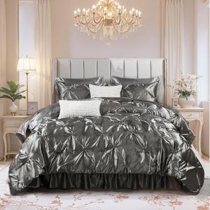 Bedbay Grey Satin King Size Comforter Set 10 Pcs,Bed in a Bag King,Pinch Pleat Bedding Set,Home Decor,Pintuck Luxury Bed Comforter Set,Soft Silky Down Alternative Comforter Bed Set for All Seasons