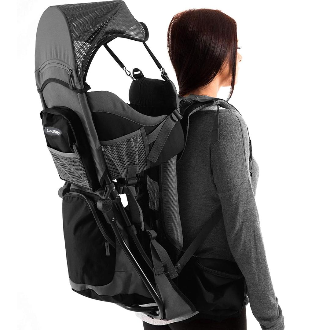 Hiking Baby Carrier Backpack - Comfortable Toddler/Baby Backpack Carrier System with Diaper Change Pad, Insulated Pocket + Rain and Sun Hood to Protect Your Child (Black/Grey)