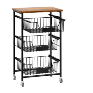 4-Tier Small Kitchen Storage Cart on Wheels, Metal Fruit Basket Stand with Pull-Out Baskets & Wood Top for Potato Onion Produce Snack Veggies