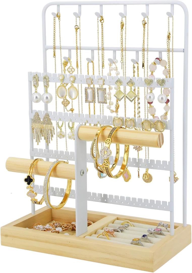 Jewelry Holder Organizer Stand 4-Tier Necklace Stand Earring Holder with Wooden Tray, Jewelry Rack for Bracelets Watches and Rings Display Stand, Gifts for Women & Girls-White