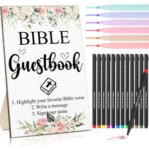 Geelin 19 Pcs Bible Wedding Guestbook Sign and Pens Set Greenery Wooden Standing Bible Guest Book Sign 6 Highlighters 12 Fine Point Pens for Baby Shower Bridal Shower Party (Flower)