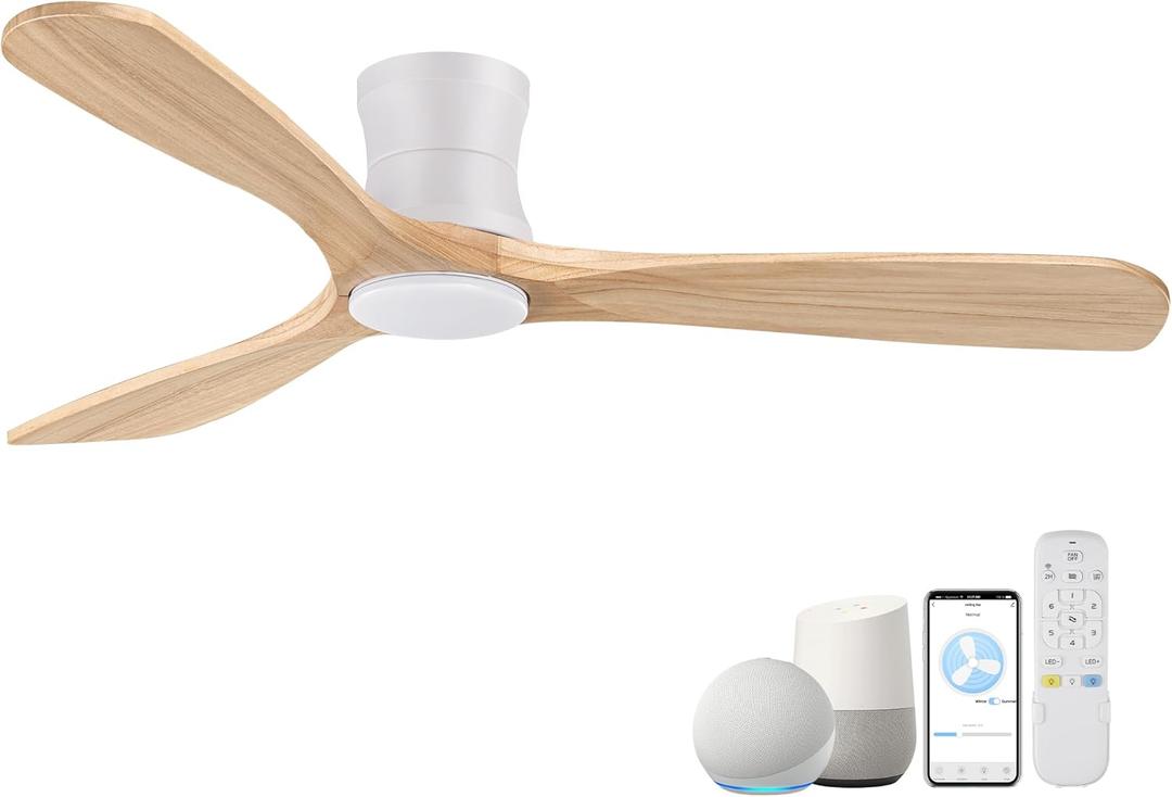 Smart 52 Wood Flush Mount Ceiling Fans with Lights and Remote,Quiet DC Motor,Outdoor Indoor Ultra Low Profile Ceiling Fan works with Alexa WIFI APP,Modern White Ceiling Fan for Bedroom Patio