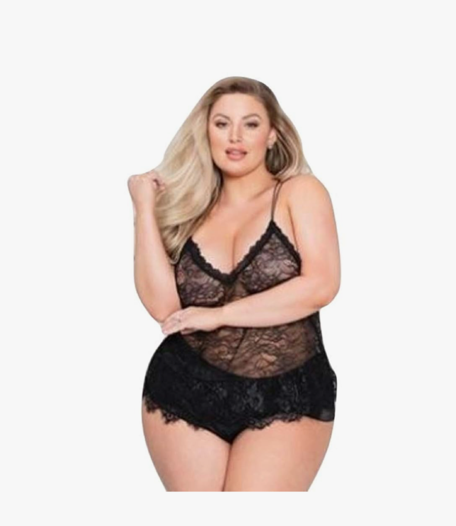 Floral Lace Cami & Cheeky Satin Short Black 1X/2X