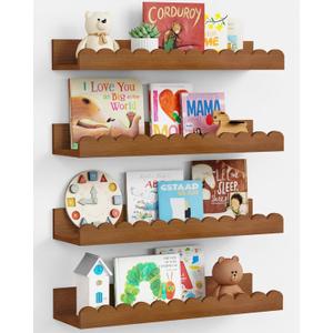Walnut Nursery Book Shelves Wall Set of 4, Dark Wood Scalloped Floating Bookshelf for Wall, Cloud Wooden Hanging Shelving Unit for Kids Bedroom Baby Child Toddler Room Kitchen (Walnut Brown)