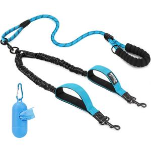 Lukovee Double Dog Leash, No Tangle 360 Swivel Heavy Duty Reflective Lead with Two Padded Handles Dual Dog Splitter, Comfortable Shock Absorbing Walking Training for  Medium Dogs(Blue)
