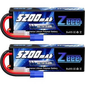 Zeee 2S Lipo Battery 7.4V 5200mAh 80C Hard Case Battery with EC5 Plug Compatible with 1/8 1/10 RC Vehicles Car Slash RC Buggy Truggy Airplane Drone(2 Pack)