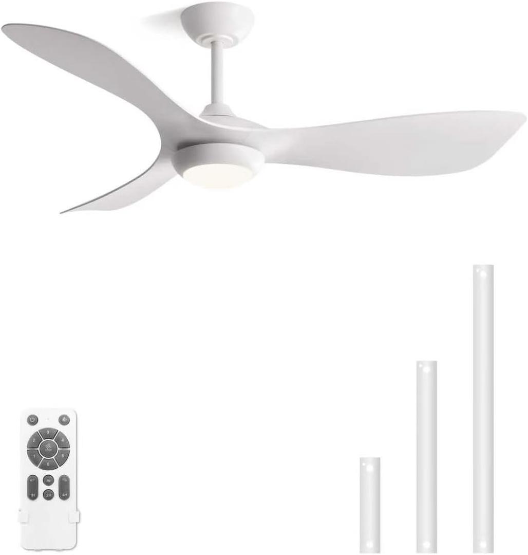 52" White Ceiling Fan with Light & Remote, Multi Downrods | 3 Color Dimmable Light, Heat-resistant ABS Blades, 6-Speed Reversible Quiet DC Motor, for Bedroom & Living Room