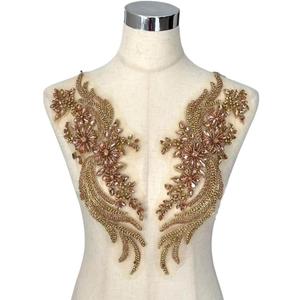 Pair Hand-Made Beaded Rhinestons DIY Clothing Appliques Patch,Rose Gold(champgane) sew on Decoration Flower Applique by Pair