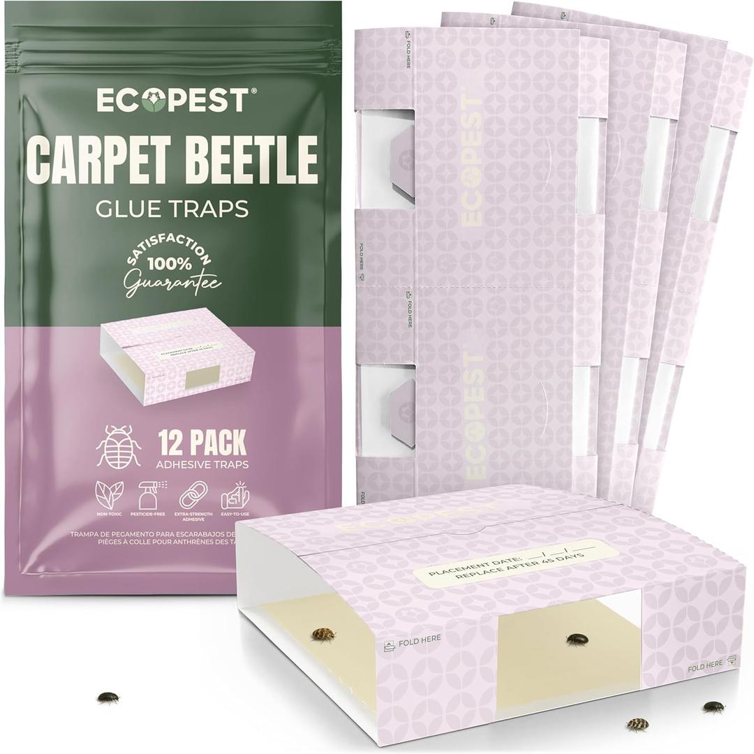 Carpet Beetle Traps – 12 Pack | Sticky Indoor Glue Boards for Carpet Beetles, Larvae & Other Crawling Insects | NonToxic Pest Control Trap & Monitor for Closets, Storage Areas, and More