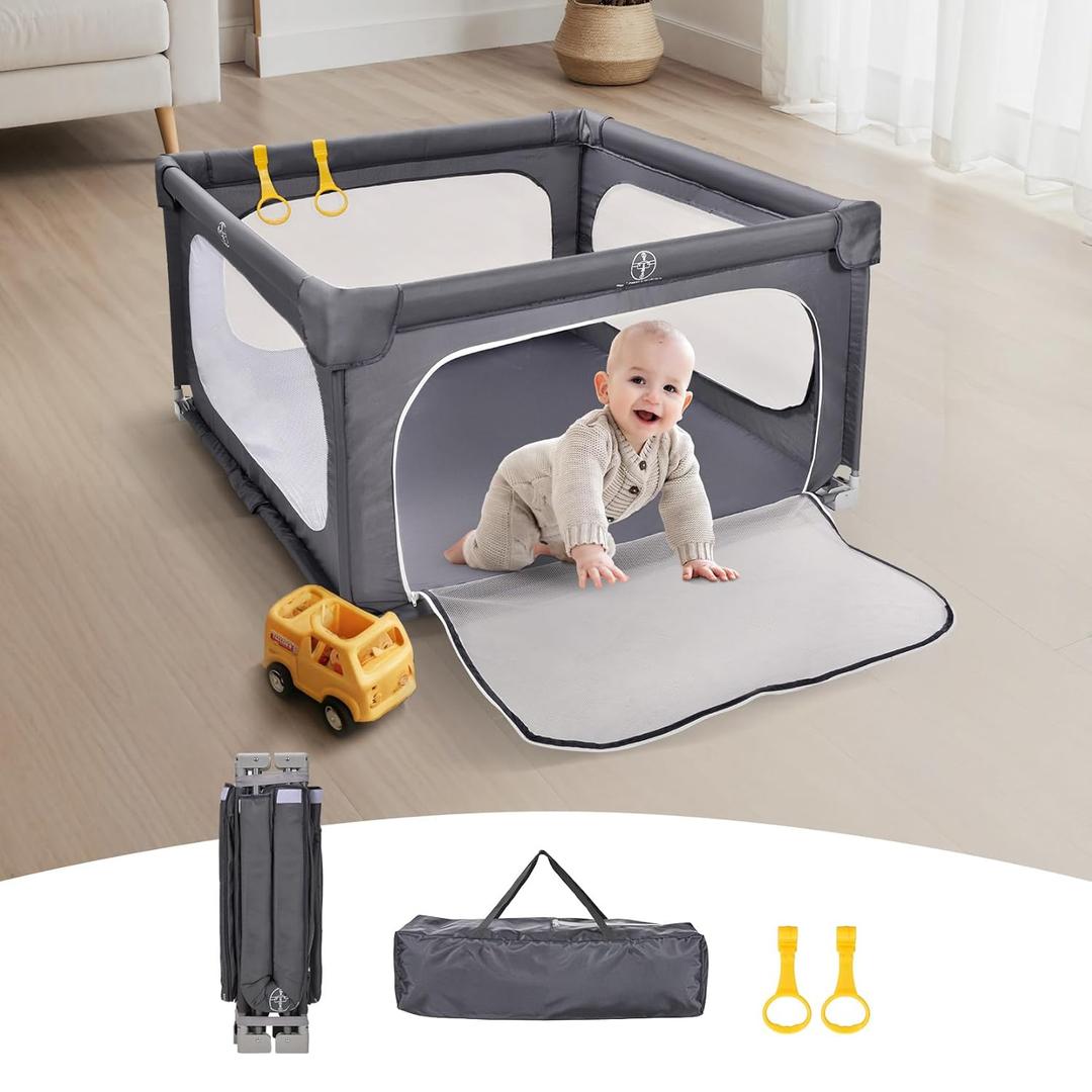 Foldable Baby Playpen, 5959 Inch Play Pens for Babies and Toddlers, Indoor & Outdoor Portable Kids Safety Fence with Gate, Easy Setup Play Yard with 360 Visible Mesh and Carrying Bag, Grey