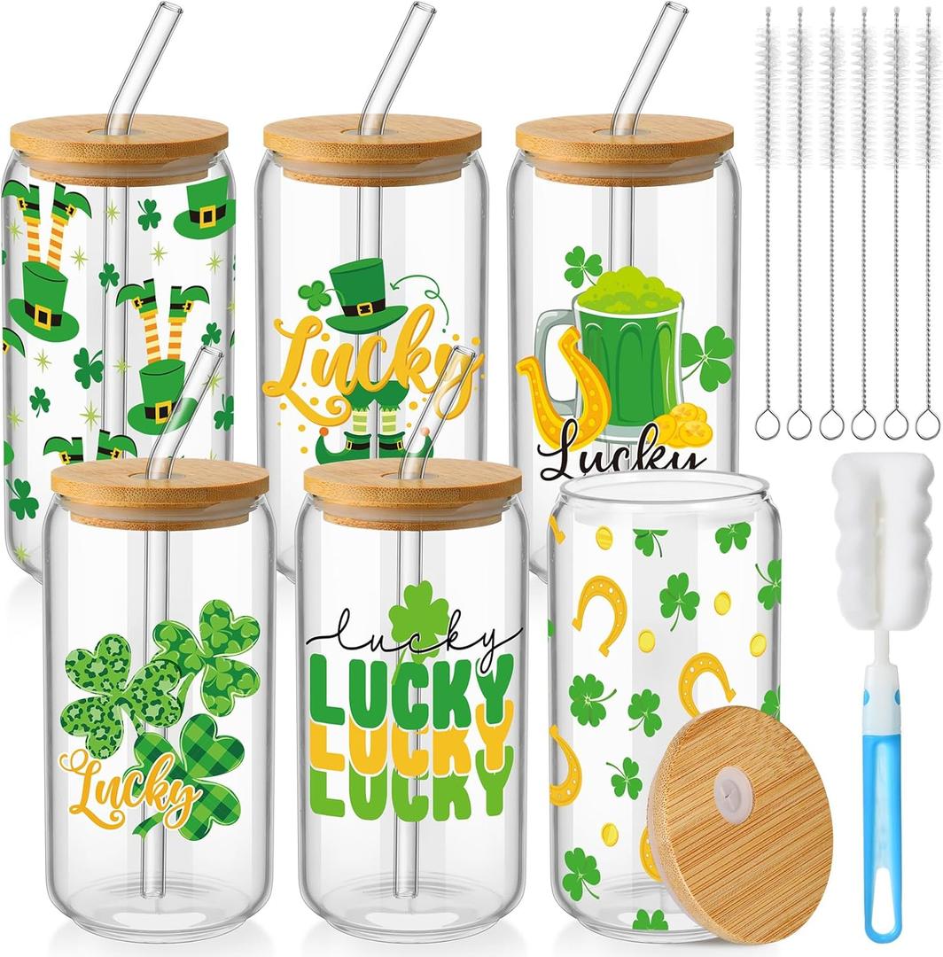 6 Pcs St Patrick's Day Glass Cups Shamrock Tumbler with Bamboo Lids and Straws 16 oz Irish Lucky Clover Reusable Can Shaped Drinking Glasses Bulk for St Patrick's Day Party Supplies