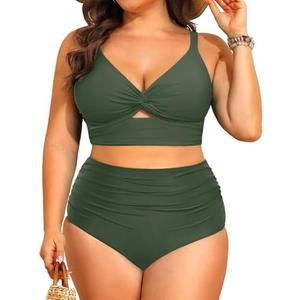 Daci Plus Size Two Piece Swimsuits - Women High Waisted Bikini Tummy Control Bathing Suits Knot Twist Swimwear 2025, Royal Army Green, 16 Plus