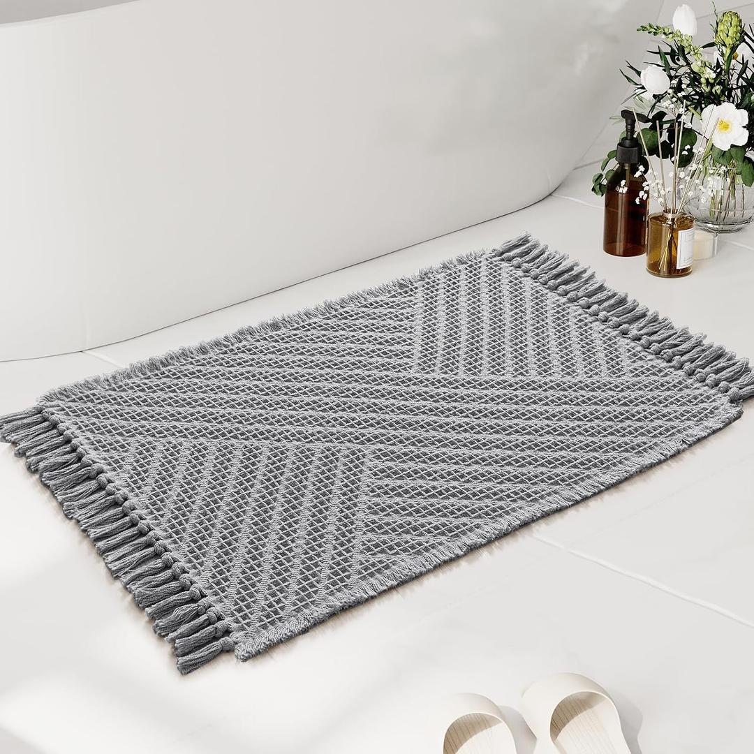 H.VERSAILTEX Waffle Bath Mat Super Absorbent Boho Bath Mat Non Slip Bath Rugs for Bathroom Floor Machine Washable Dry Fast Bathroom Rugs with Tassels, 20" x 32", Dove