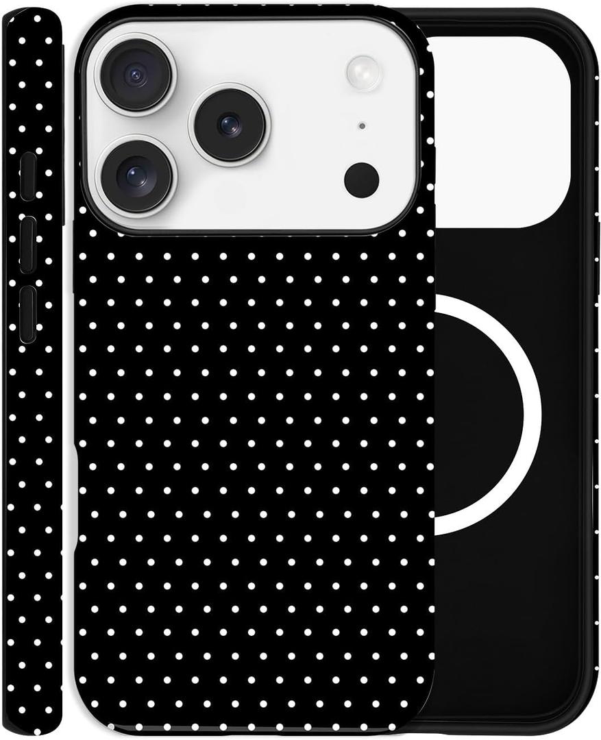 Magnetic Case for iPhone 17 Pro Max, Compatible with MagSafe, Aesthetic Polka Dot Cute Design for Women, Hybrid 2-Layer Hard Shell Phone Cover, Black