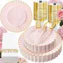 Ciaell 175 PCS Pink Scalloped Plastic Plates with Gold Trim - Pink Plastic Silverware with Handle - Fancy High-End Dinnerware Sets for Wedding & Baby Showers & Party & Mother's Day