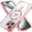 Misea Magnetic for iPhone 15 Pro Max Case with MagSafe [Never Yellowing] [Military Grade Drop Protection] Full Camera Lens Protector Plating Soft Clear Phone Case for Women Girls, Pink