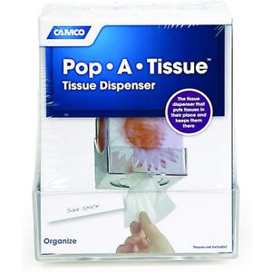 Camco Pop-A-Tissue- Tissue Box Holder- Mounts to Walls and Cabinets, Dispenses Tissue and Holds Tissue Boxes Upward or Downward- Perfect for RVs and Trailers, Easy Install - Clear (57101)