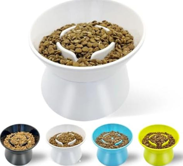 F FD Hub Tilted Raised Slow Feeder Bowl for Cats and Small & Medium Dogs, Raised Design Improves Posture, Spiral Inner Shape Prevents Fast Eating, Dishwasher Safe, 10 oz (White, L-Cats)