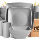 Teivio 32-piece Plastic Wheat Straw Square Dinnerware Set for 8, Unbreakable Dinner Plates, Salad Plates, Snack Bowls, Tumblers, Dishwasher Safe, Light Gray