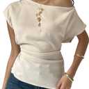 MakeMeChic Women's Asymmetrical Neck Blouse Ruched Short Sleeve Dressy Tops (S)