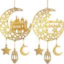 2 Pieces Eid Mubarak Door Sign Wooden Hanging Signs, Ramadan Kareem Hollow Ornament Decorations Moon and Stars, Moon Shape Ramadan Mubarak Party Wood Wall Hanger for Islamic Muslim Home Decor (Large, Gold House)