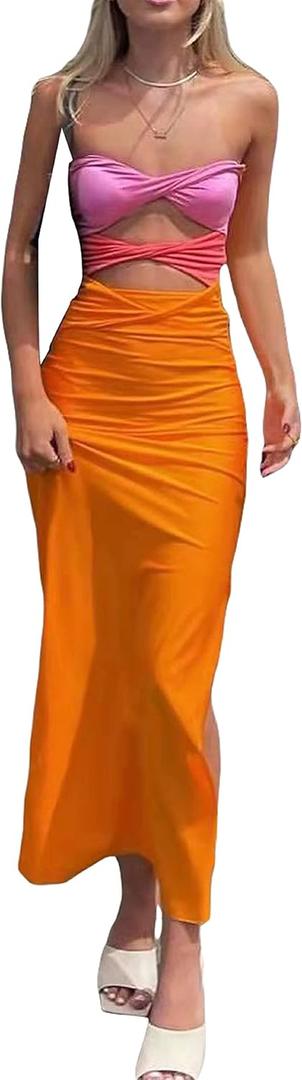 Argeousgor Y2K Floral Print Spaghetti Strap Bodycon Maxi Dress Deep V Neck Long Dress Sexy Backless Summer Streetwear, M