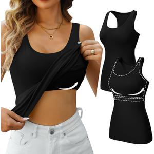 V FOR CITY Womens Shelf Bra Tank Tops Racerback Workout Camis Yoga Shirt Cotton Undershirt 2 Pack (Black, L)