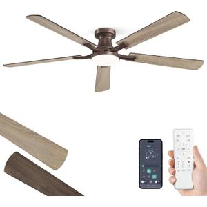 ZMISHIBO 60 Inch Ceiling Fan with Light, App&Remote Control, Flush Mount Low Profile, Dimmable 20W LED Light, Quiet Reversible Motor for Bedroom, Living Room, Apartment, Brown
